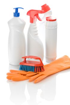 gloves bottles and brush