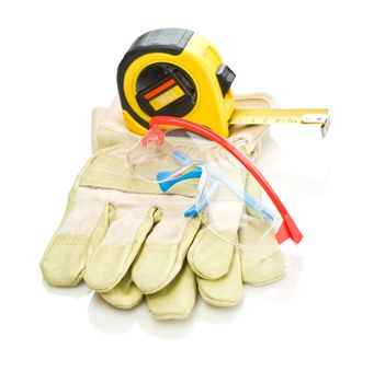glasses and tapeline on gloves