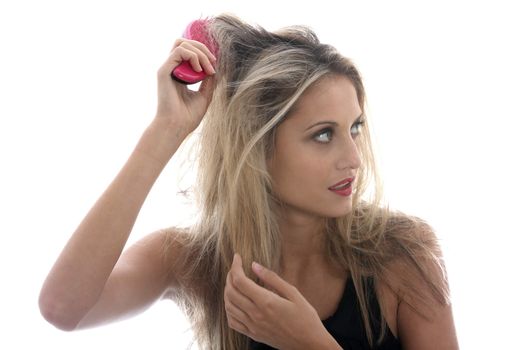 Model Released. Young Woman Brushing Tangled Hair