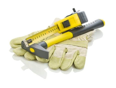 tapeline and hammer on gloves