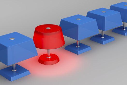 One unique red lamp in a row of blue lamps