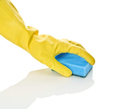 hand in glove with blue sponge