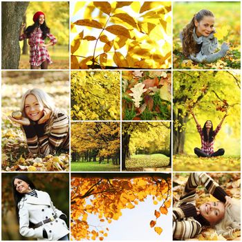 collage woman in autumn park