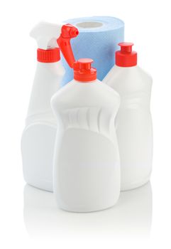 kitchen cleaners and paper towel isolated