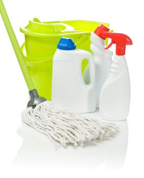 mop bucket and bottles