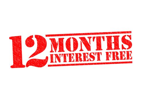 12 MONTHS INTEREST FREE Rubber Stamp over a white background.