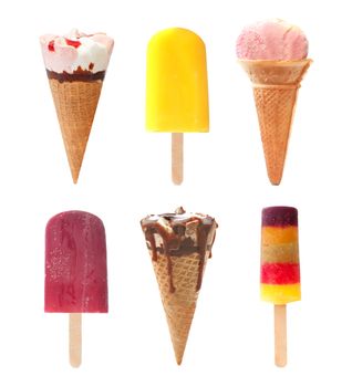 Various types of icecream, and popsicle flavors as a selection over a white background