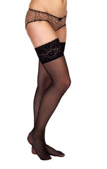 long slender female legs in black stockings isolated on white background