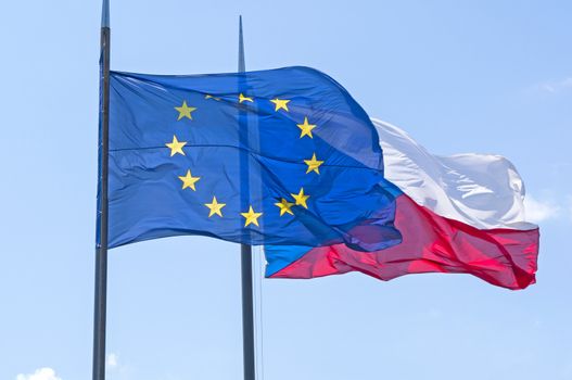 Flying Flags of Czech Republic and European Union