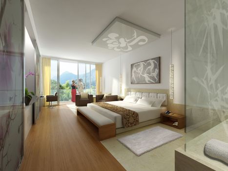 A visualization of an interior design for a living area plus hotel