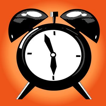 Alarm clock on the orange background. Old illustration technique