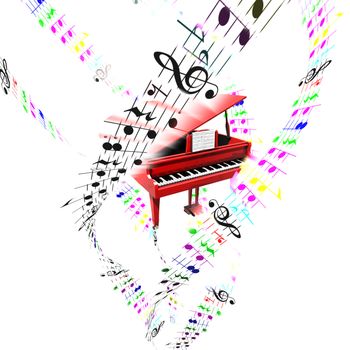 Grand piano with colored flying notes on partition sheets.Aerial concept.