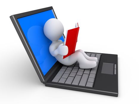 3d person is reading a book while relaxing on an opened laptop