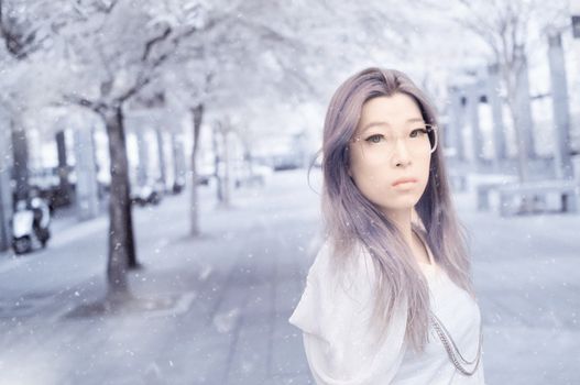 Asian glamour lady with snow fly, Infrared Photography.