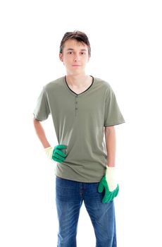 Young gardener wearing gloves, side lit.  