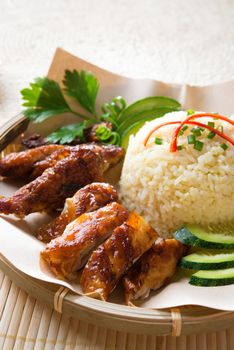 Singapore style Hainan chicken rice close-up. Asian food.