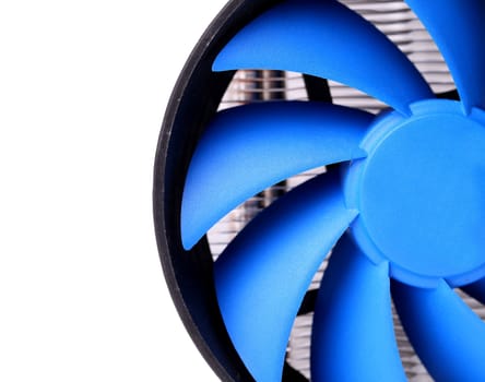 Powerful computer cooler with blue fun is located right on the white background