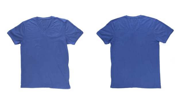 Men's blue T-shirt with clipping path on the white background. Front and back.