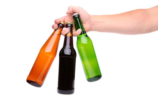 Man's hand holding three beer bottle on the white background fan.