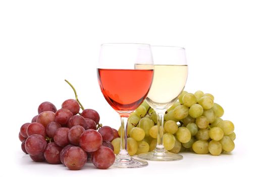 Two glass of wine and grapes isolated on the white background