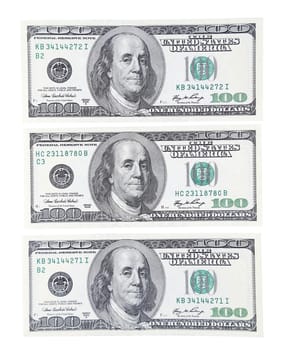 American dollar. Three bills. Horizontally. On a white background.