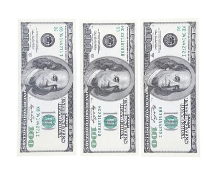 American dollar. Three bills. Upright. On a white background.