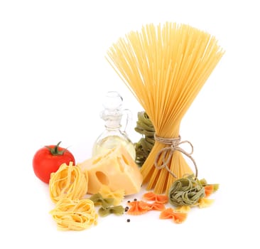 Different pasta, oil, tomato, cheese on a white background