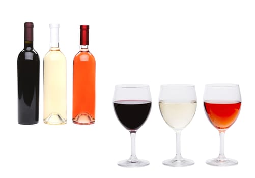 Glasses and bottles of wine isolated over white background