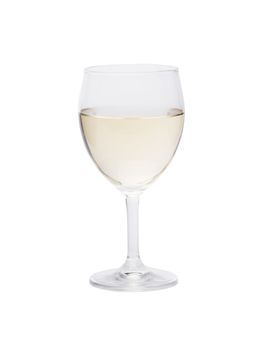 Glass of white wine on a white background.