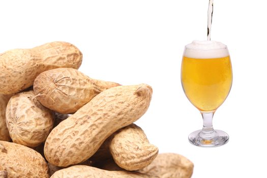 Stream, glass of beer and peanuts on a white background