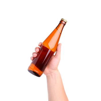 glass bottle in hand isolated on white background