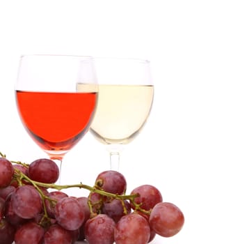 Two glasses of wine and grape on white background.