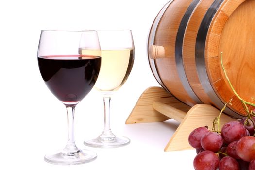 Two glasses of wine, barrel and grape on a white background