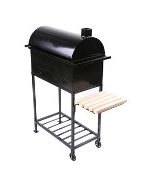A picture of a new black barbecue with a cover close white background