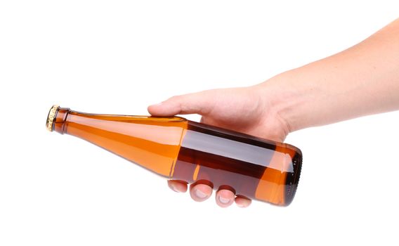 Bottle of beer and hand on a white background