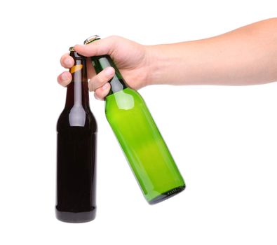 Hand with two bottle of beer on a white background