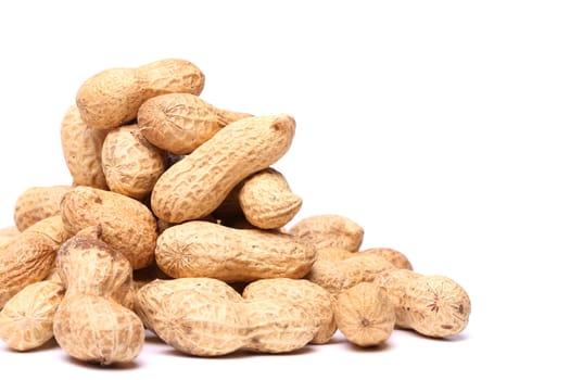 Dried peanuts in closeup on a white background