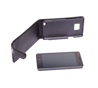 One modern mobile and case on white background
