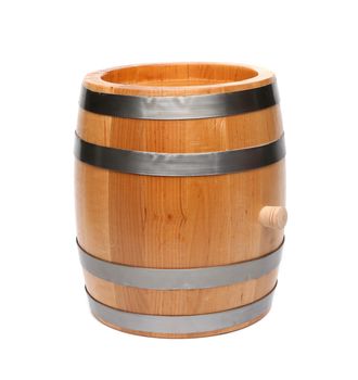 wooden barrel with four hoops, close-up, white background