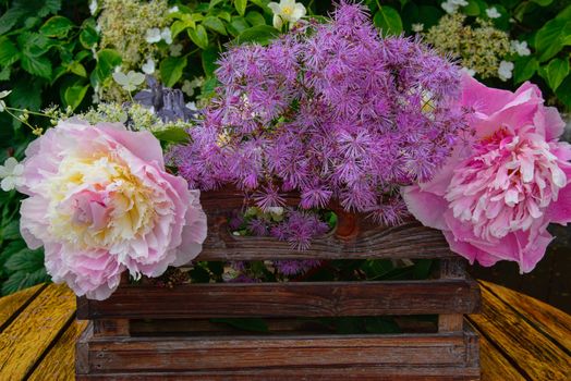 A summer bouquet from the garden of peonies and Thalictrum in a wooden box