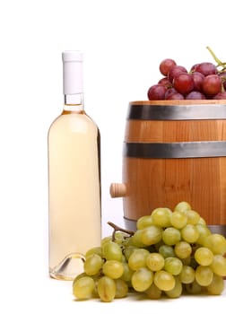 barrel, ripe grapes and bottle of wine