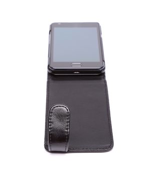 Mobile phone in case isolated on white.