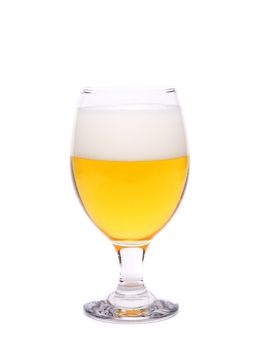 A wine goblet of beer are located on the white background