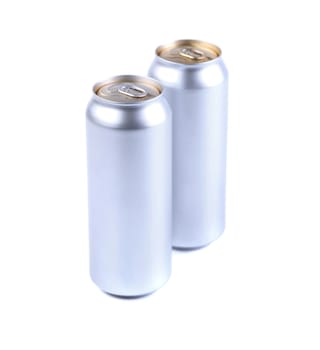 Two aluminum golden soda can on white background