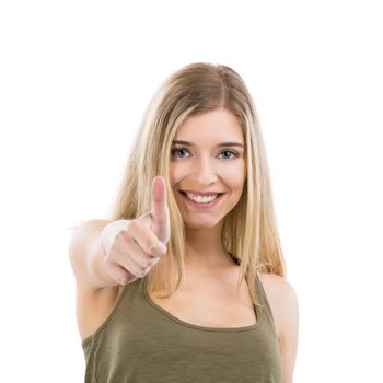 Beautiful and happy blonde woman looking to the camera with thumbs up, isolated over white background