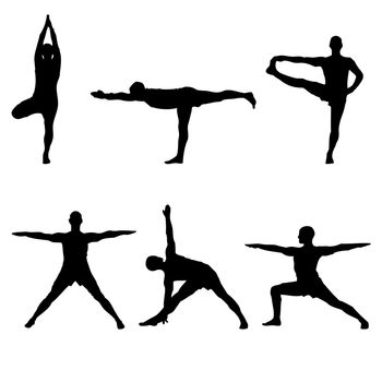 A batch of six yoga standing poses black silhouettes