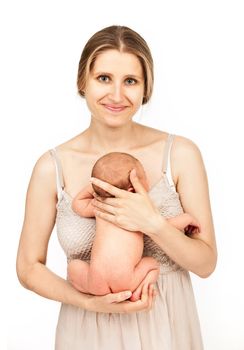 Young Caucasian mother and her newborn baby boy over white