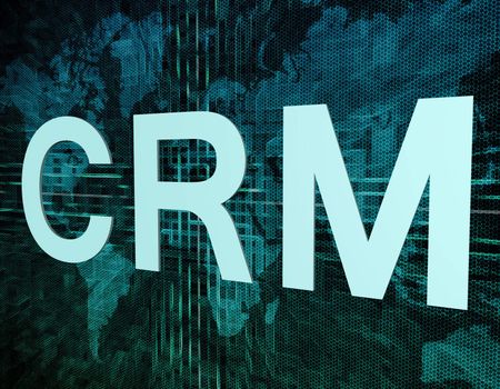 Words on digital world map concept: CRM