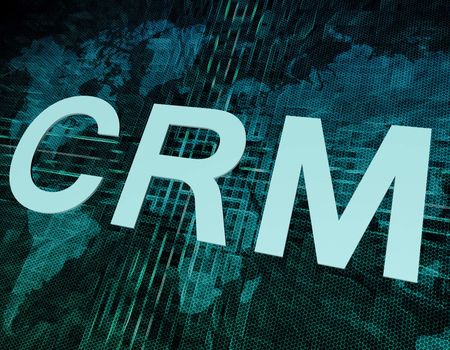 Words on digital world map concept: CRM