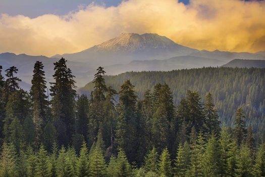 Sunset with Clouds Over Mount St Helens in Washington State Landscape